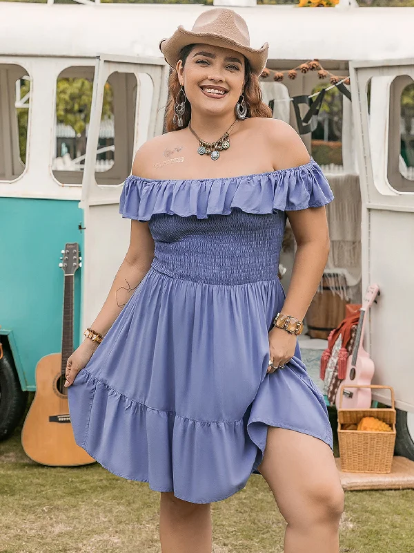 Blue Zone Planet |  Plus Size Ruffled Smocked Off-Shoulder Mini Dress Stylish Summer Mini Dress