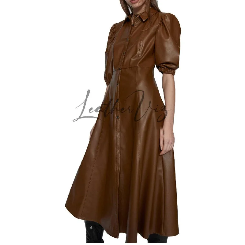 BROWN LEATHER SHIRT STYLE MIDI DRESS FOR WOMEN Elegant Pleated Detail Midi Dress