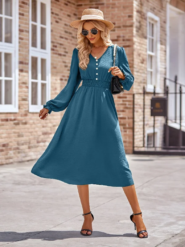 Buttoned V-Neck Flounce Sleeve Midi Dress Cozy Tie-Dye Midi Dress