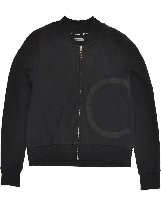 CALVIN KLEIN Womens Graphic Tracksuit Top Jacket UK 10 Small Black Cotton A-Line Jacket Boat Neck Shawl Collar CALVIN KLEIN Womens Graphic Tracksuit Top Jacket UK 10 Small Black Cotton A-Line Jacket Boat Neck Shawl Collar