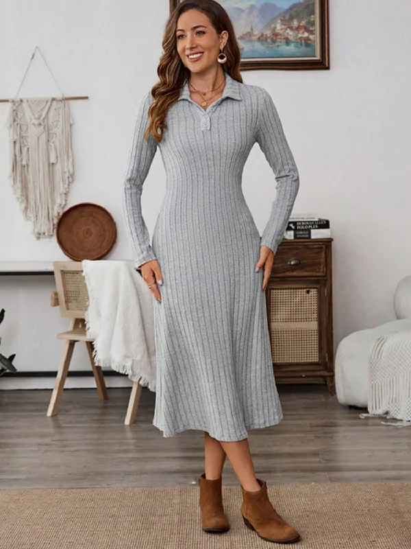 Collared Neck Long Sleeve Midi Dress Stylish Long Sleeve Floral Midi Dress