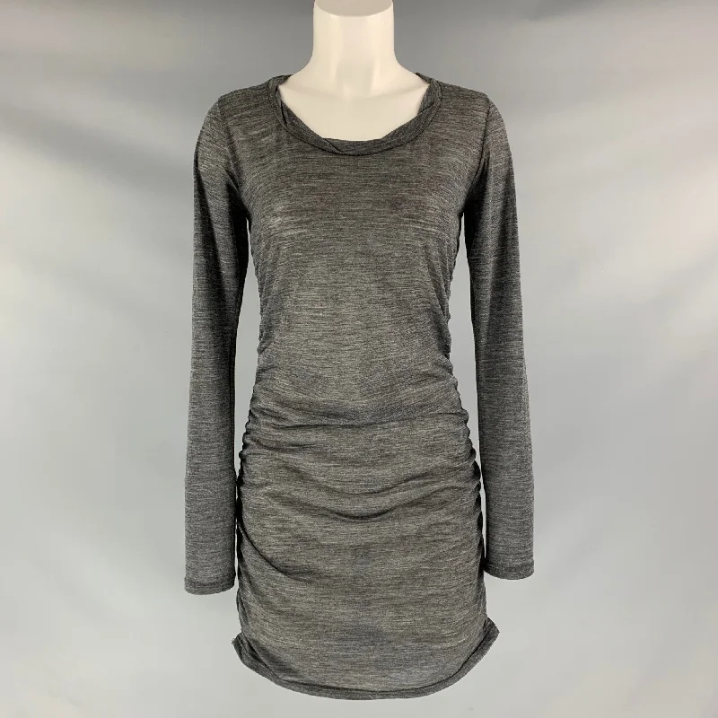 COTELAC Size S Grey Heather Wool &  Polyester Ruched Mini Dress Stylish Ribbed Mini Dress