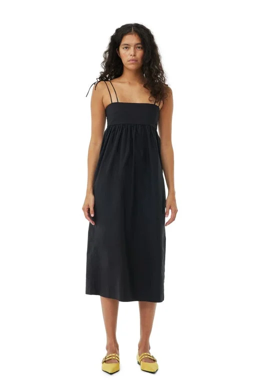 Cotton Poplin String Midi Dress Cozy Midi Dress with Pockets