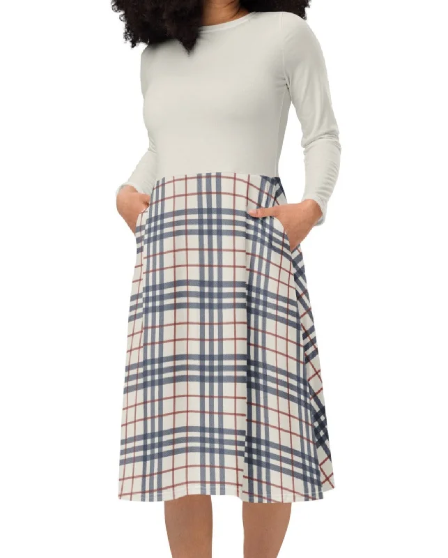 Cream, Red & Navy Plaid Midi Dress (S-4XL) Fashionable Shift Midi Dress