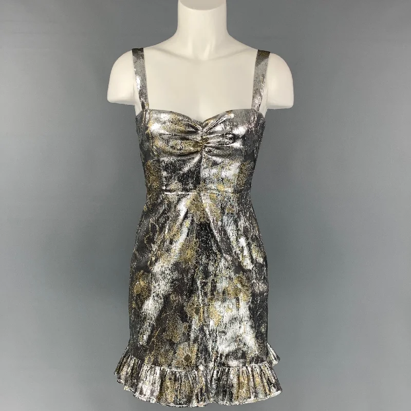 CYNTHIA ROWLEY Size 4 Silver & Gold Polyester / Lurex Jacquard Mini Dress Stylish Puff Sleeve Mini Dress