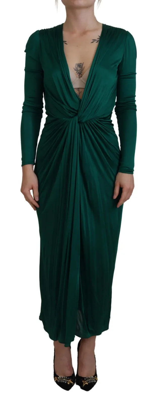 Dark Green Viscose Long Sleeve Midi Dress Comfortable Geometric Print Midi Dress