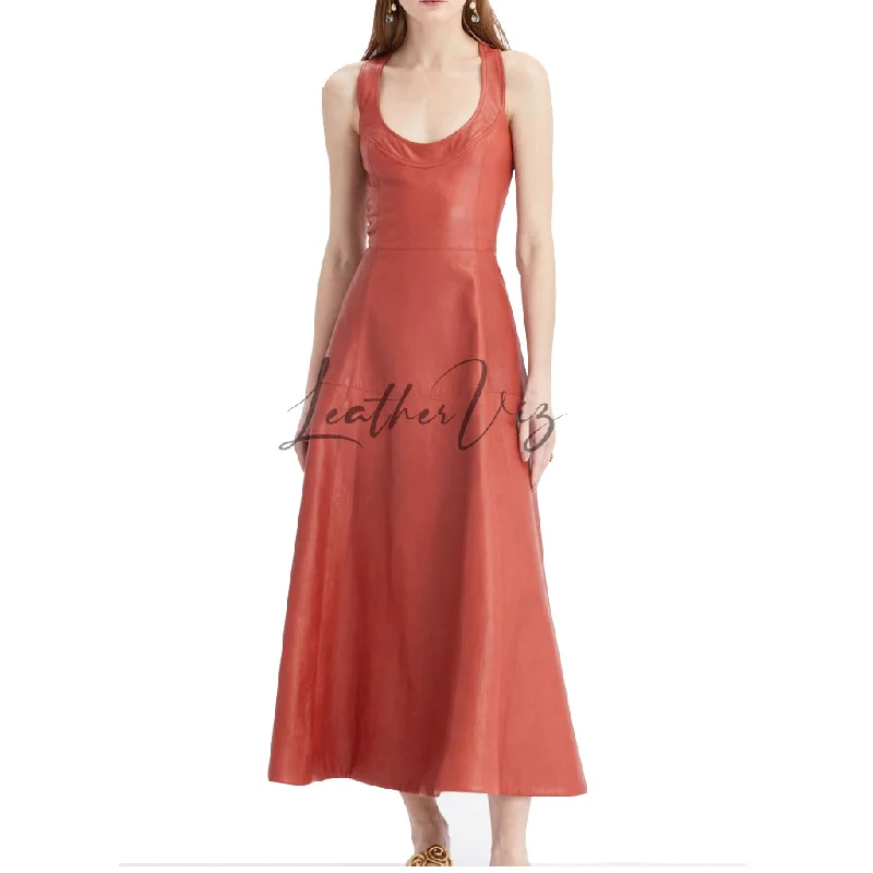 Deep Neck A Line Midi Dress Leather Gown For Women Elegant Maxi-Midi Hybrid Dress