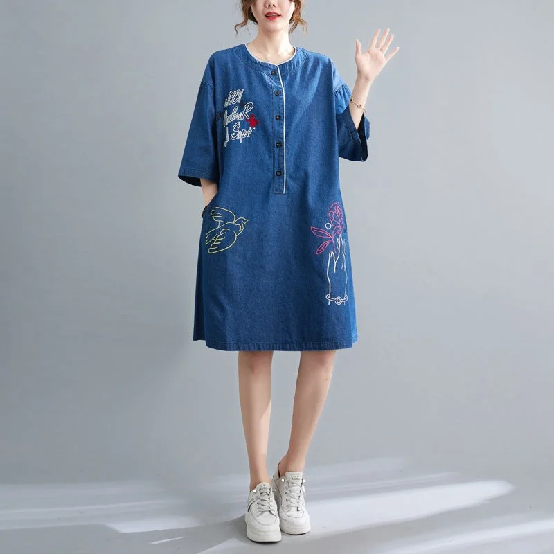 Ethnic Embroidery Plus Sizes Denim Midi Dresses Trendy Square Neck Midi Dress