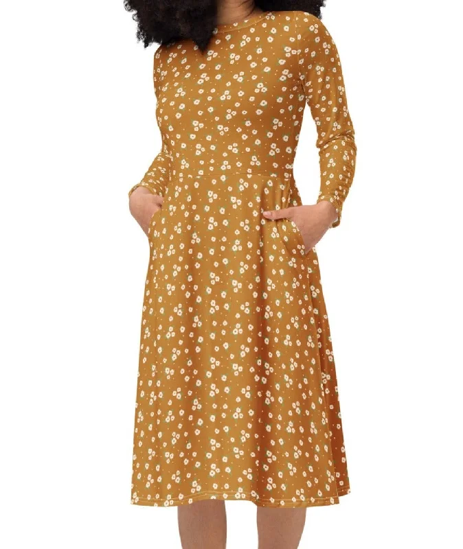 Field of Gold Floral Midi Dress (S-4XL) Fashionable Skater Midi Dress