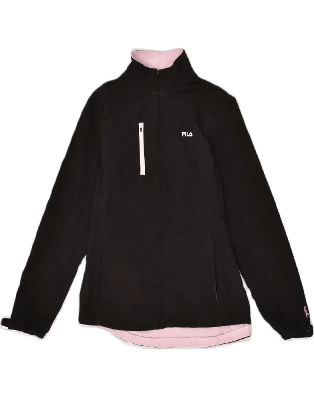 FILA Womens Tracksuit Top Jacket UK 14 Medium Black Polyester Welt Pockets Slit Pockets Flap Pockets FILA Womens Tracksuit Top Jacket UK 14 Medium Black Polyester Welt Pockets Slit Pockets Flap Pockets