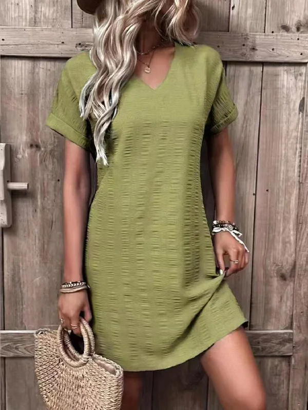 Full Size V-Neck Short Sleeve Mini Dress Stylish Ribbed Mini Dress