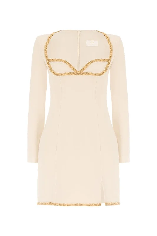 GOLD THREAD-EMBROIDERED CREPE MINI DRESS Comfortable Fit-and-Flare Mini Dress