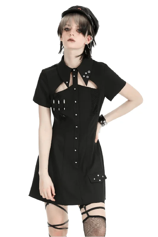 Gothic Black Mini Dress with Metal Studded Details Trendy Camisole Mini Dress