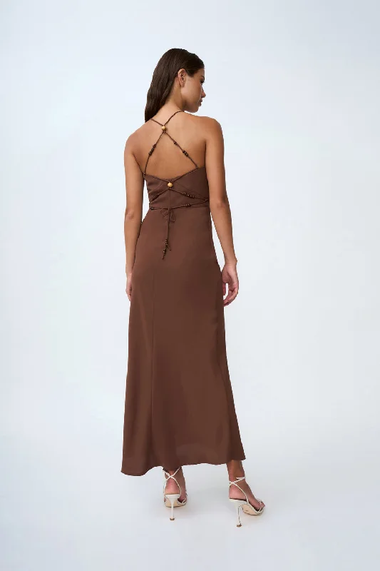 Hana Bias Bead Midi Dress | Final Sale - Chocolate Comfortable Ruched Midi Dress