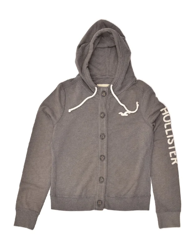 HOLLISTER Womens Graphic Hooded Tracksuit Top Jacket UK 16 Large Grey Zip Front Button Front Snap Front HOLLISTER Womens Graphic Hooded Tracksuit Top Jacket UK 16 Large Grey Zip Front Button Front Snap Front