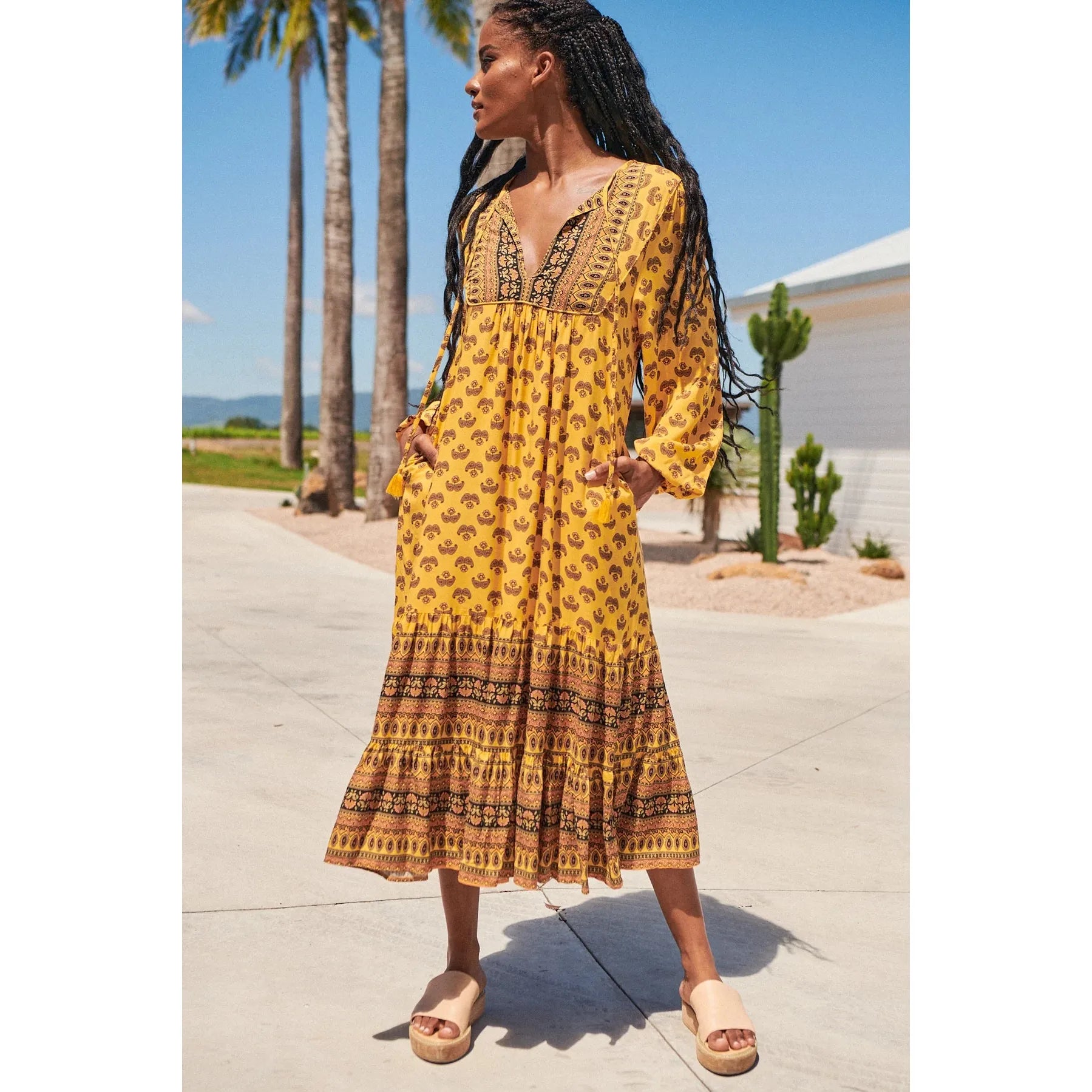 JAASE Womens Sun Beam Print Liliana Midi Dress - Mustard Yellow Trendy Boho Midi Dress