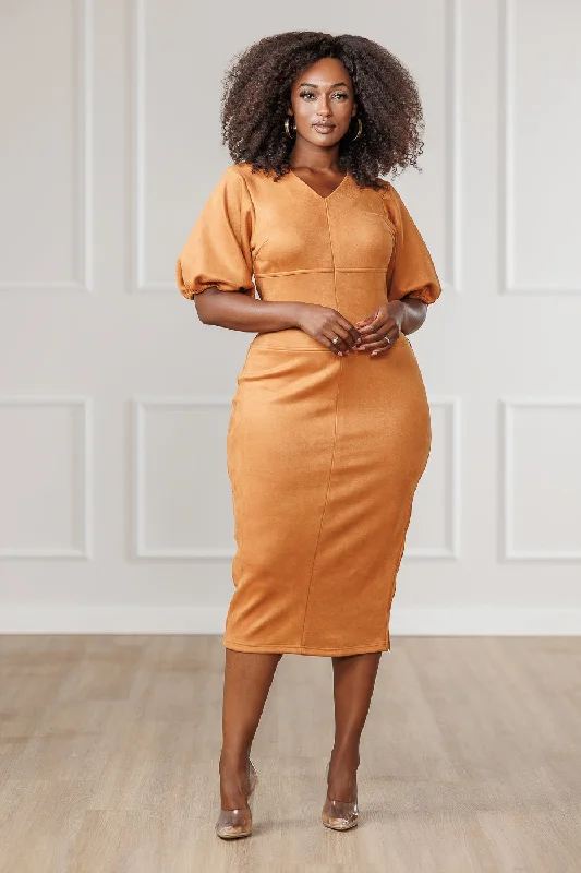 Javanna Suede Midi Dress - Cognac Cozy Wide Strap Midi Dress