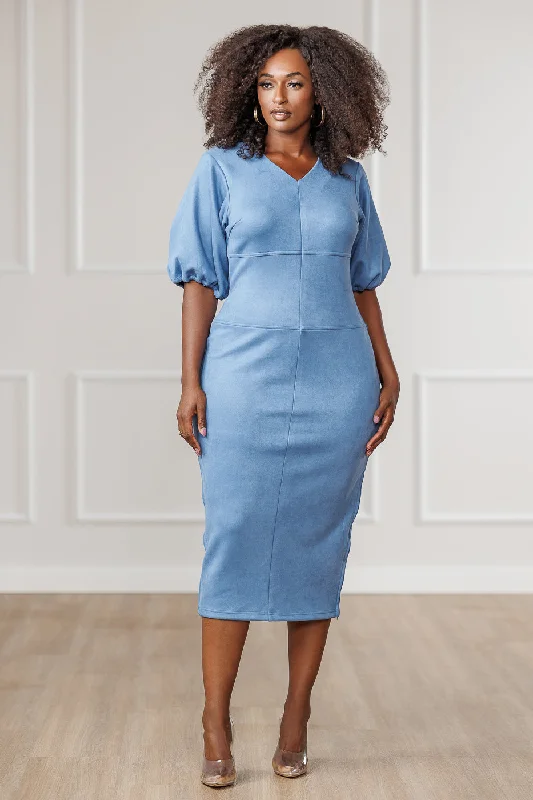 Javanna Suede Midi Dress - Blue Fashionable One-Shoulder Midi Dress