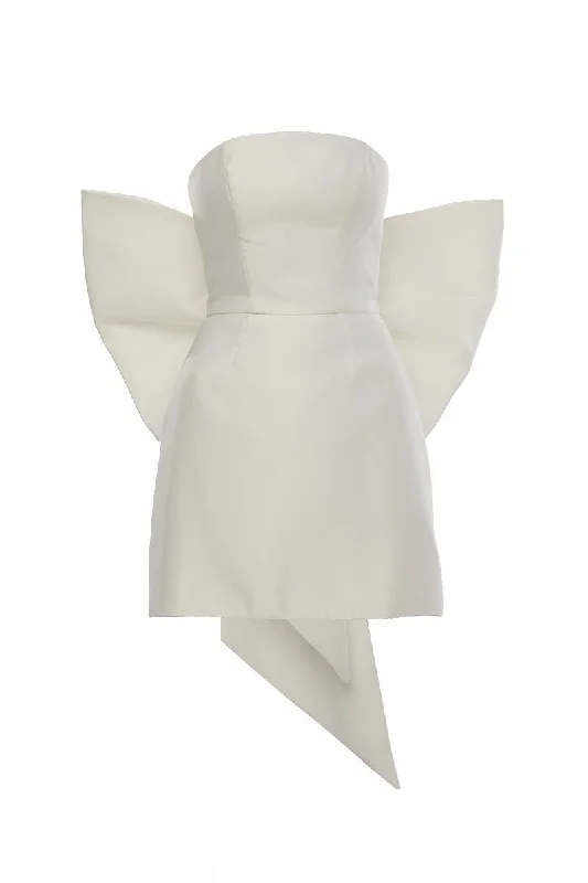 JOY WHITE MINI DRESS WITH BIG BOW Stylish Sweetheart Neck Mini Dress