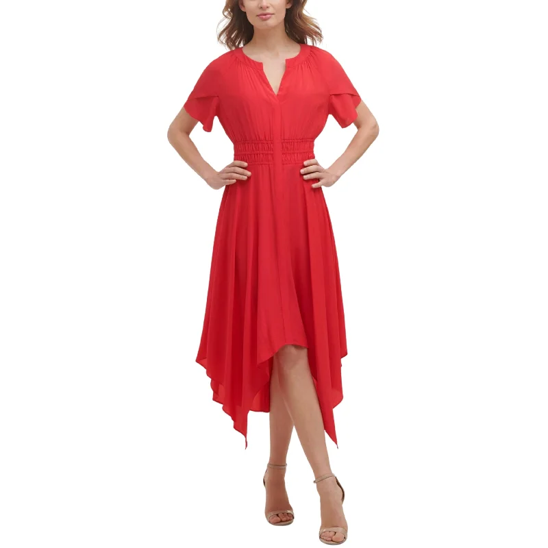 KENSIE - Gathered Mid Calf MIDI Dress Elegant Satin Button Midi Dress