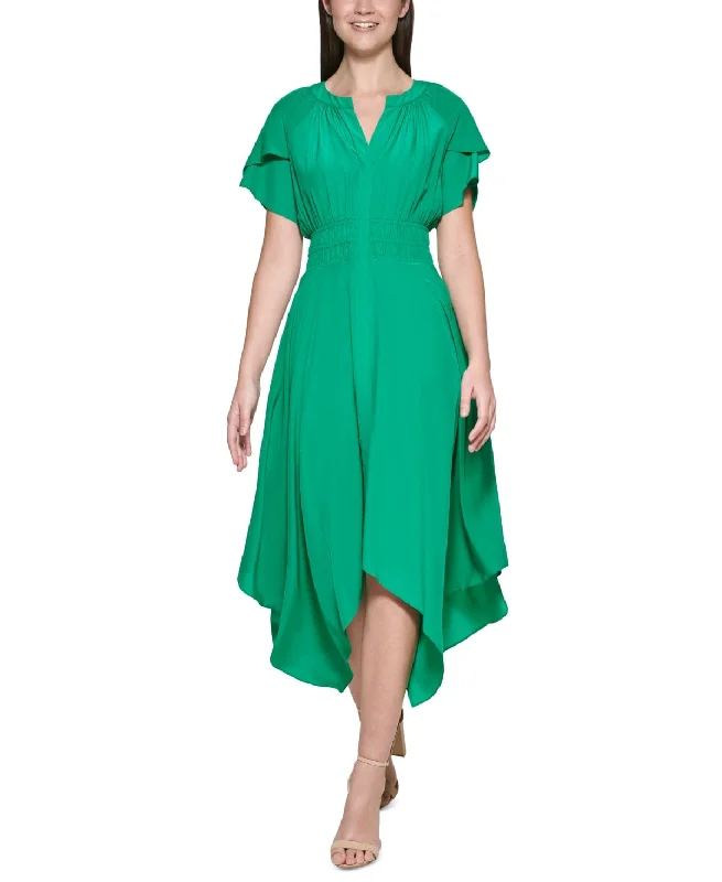 KENSIE -  Gathered Mid Calf MIDI Dress Comfortable Button Front Midi Dress