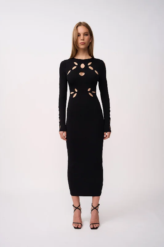 Laser Leaf Midi Dress | Final Sale - Black Elegant Velvet Midi Dress