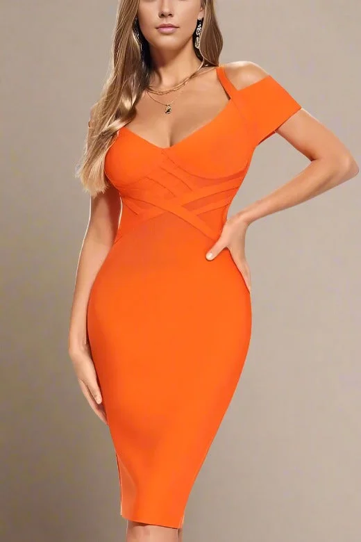 Leo Bandage Midi Dress - Apricot Orange Cozy Wide Strap Midi Dress