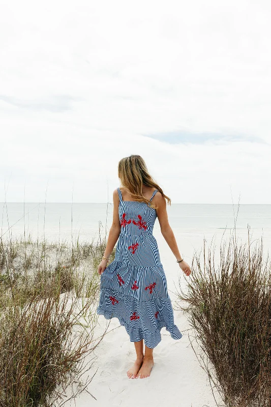 Meet At The Harbor Midi Dress - Navy Elegant Puff Sleeve Midi Dress