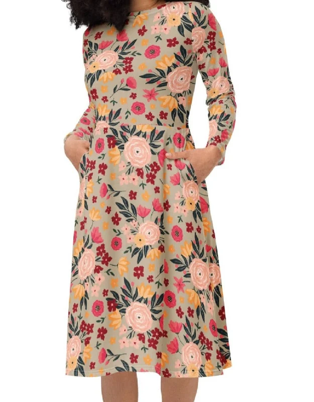 Nona's Garden Midi Dress (S-4XL) Elegant Maxi-Midi Hybrid Dress