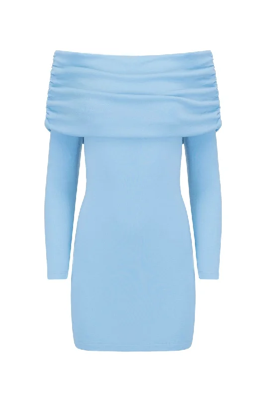 OFF SHOULDER MINI DRESS IN ARCTIC BLUE Modern Satin Mini Dress