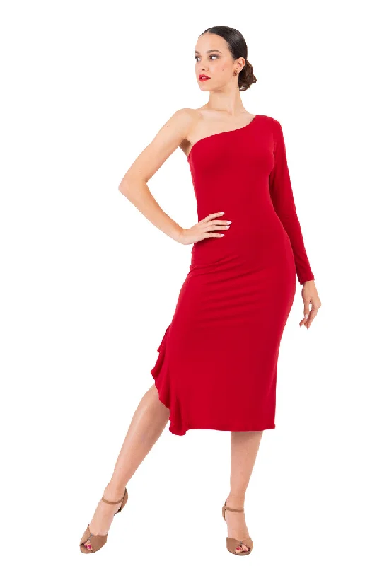 One-Sleeved Midi Dress With Side Ruffles Stylish Color Block Midi Dress