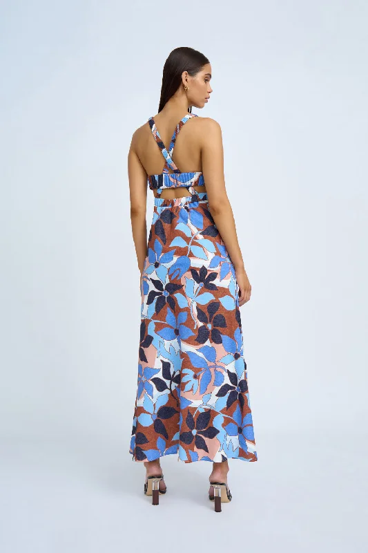 Ophelia Floral Bias Midi Dress | Final Sale - Navy Tan Brown Ivory Comfortable Stretch Midi Dress