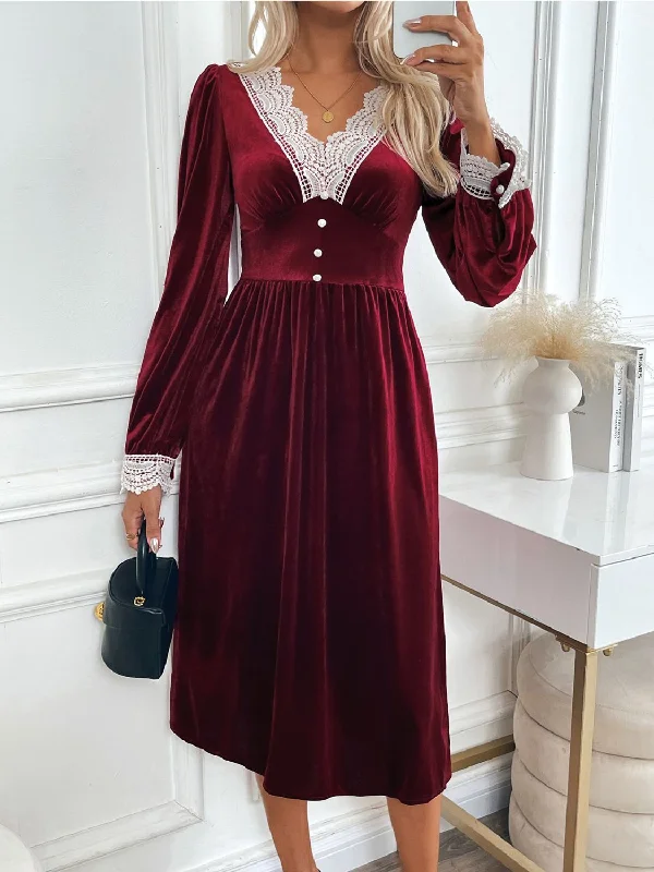 Perfee Lace Detail V-Neck Long Sleeve Midi Dress Elegant Puff Sleeve Midi Dress