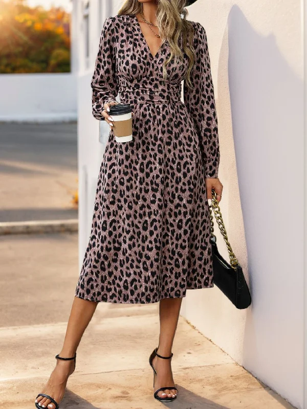 Perfee Leopard Surplice Long Sleeve Midi Dress Classic Black Midi Dress