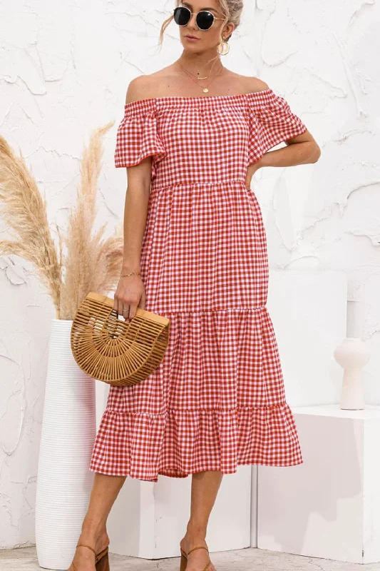 Plaid Off-Shoulder Tiered Midi Dress Stylish Pleated Skirt Midi Dress