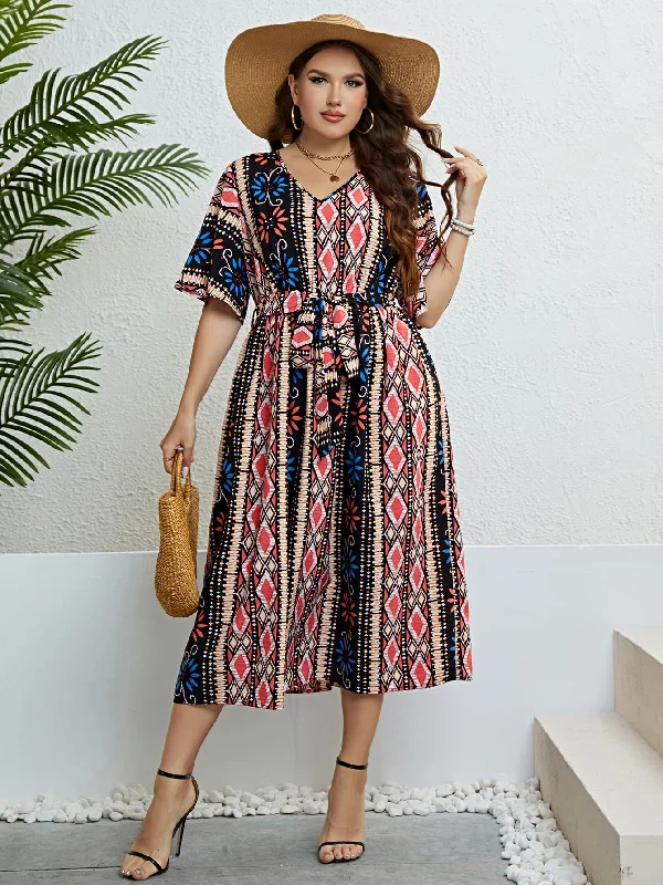 Plus Size Bohemian V-Neck Tie Belt Midi Dress Stylish Cold Shoulder Midi Dress