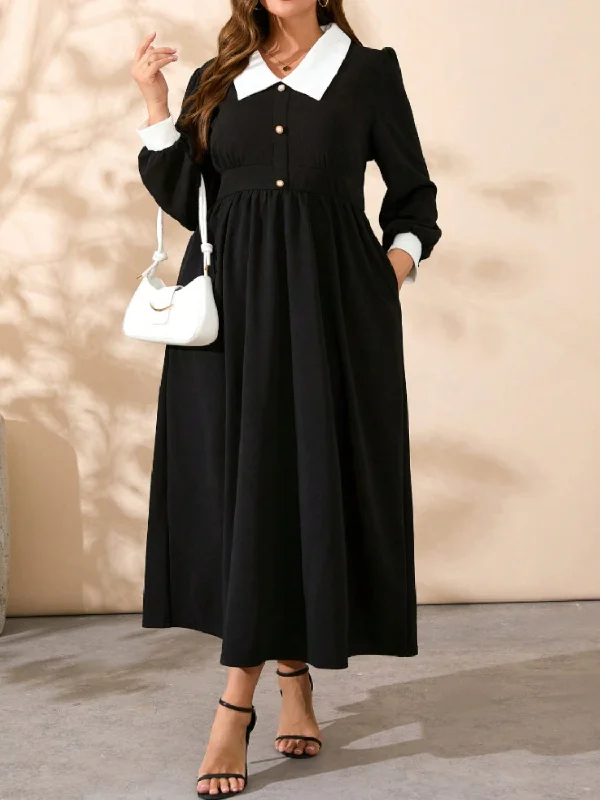 Plus Size Contrast Collared Neck Long Sleeve Midi Dress Trendy Flared Sleeve Midi Dress