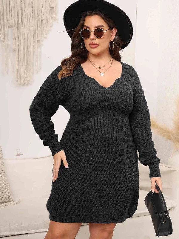 Plus Size Dropped Shoulder Long Sleeve Knit Mini Dress Chic Tropical Mini Dress