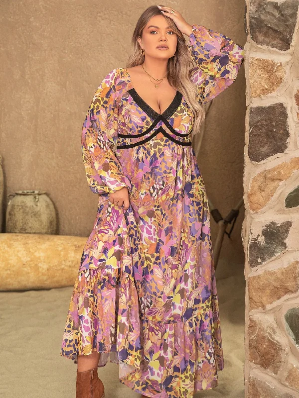 Plus Size Lace Detail Printed V-Neck Long Sleeve Midi Dress Trendy Boho Midi Dress