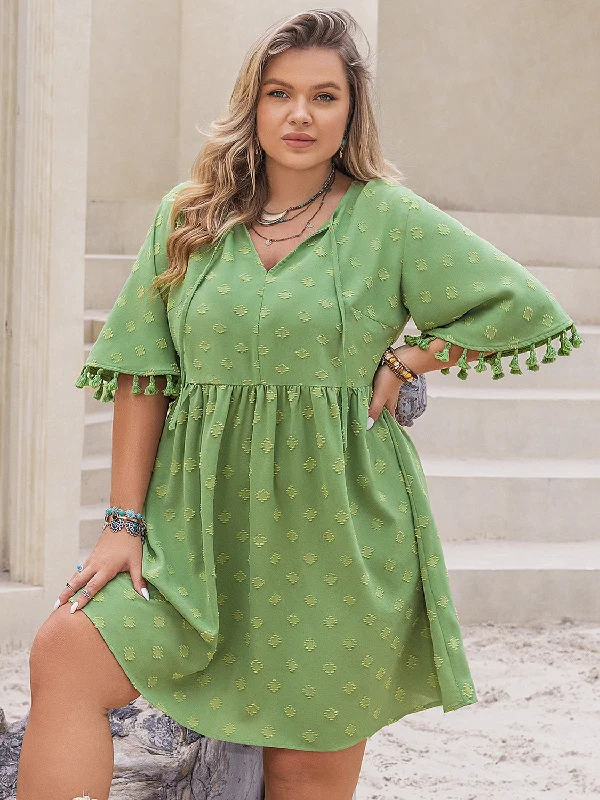 Blue Zone Planet |  Plus Size Tied Tassel Half Sleeve Mini Dress Trendy Wraparound Mini Dress