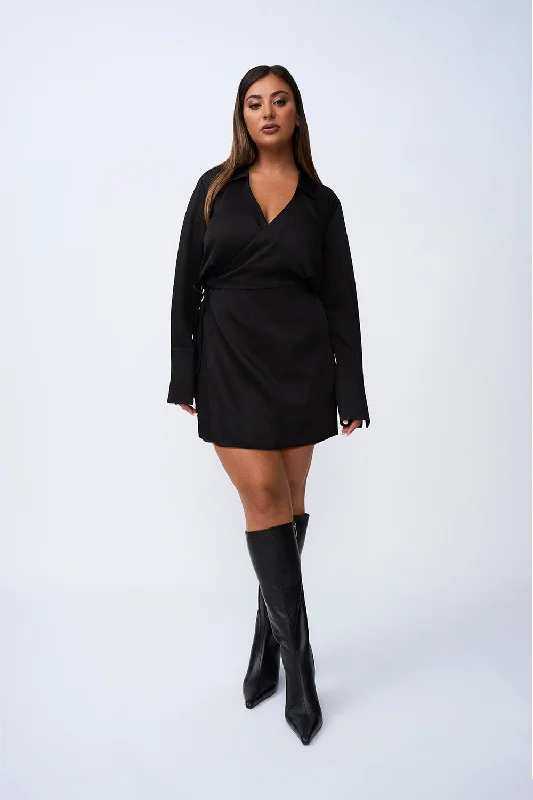 Portia Wrap Mini Dress | Final Sale - Black Modern Satin Mini Dress