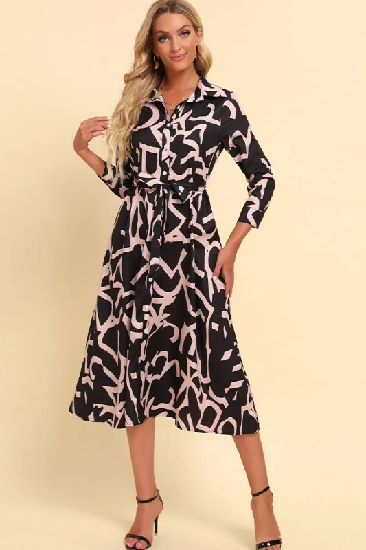 Printed Button Front Belted Midi Dress Comfortable Fit-and-Flare Midi Dress