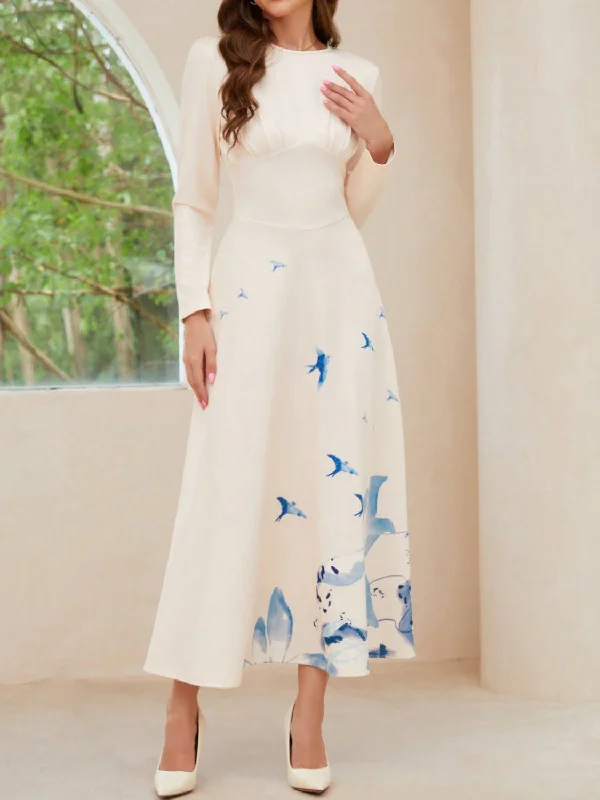 Printed Round Neck Long Sleeve Midi Dress Trendy Fit-and-Flare Midi Dress