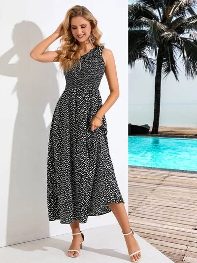 Printed Single Shoulder Midi Dress Comfortable Stretch Midi Dress