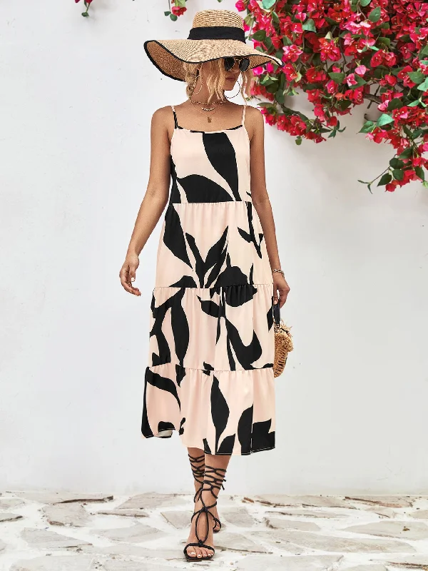 Printed Spaghetti Strap Tiered Midi Dress Trendy Off-Shoulder Ruffle Midi Dress