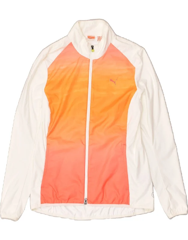 PUMA Womens Graphic Tracksuit Top Jacket UK 12 Medium White Colourblock Satin Fabric Silk Fabric Chiffon Fabric PUMA Womens Graphic Tracksuit Top Jacket UK 12 Medium White Colourblock Satin Fabric Silk Fabric Chiffon Fabric