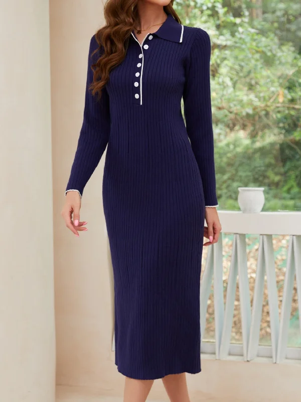 Quarter Button Long Sleeve Midi Dress Fashionable Off-Shoulder Dress Midi