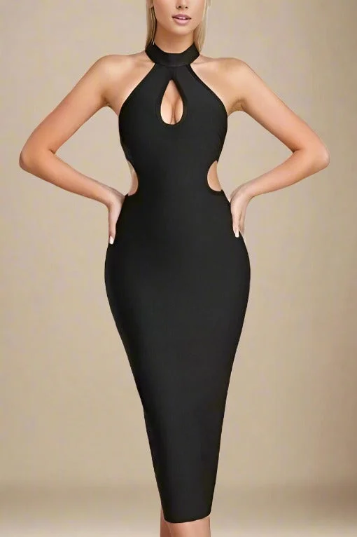 Saint Bodycon Midi Dress - Classic Black Stylish Wraparound Midi Dress