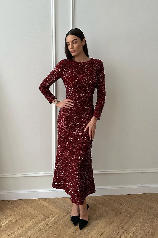 Sequin Decorated Velvet Long Sleeve Midi Dress Fashionable Pleated Midi Dress