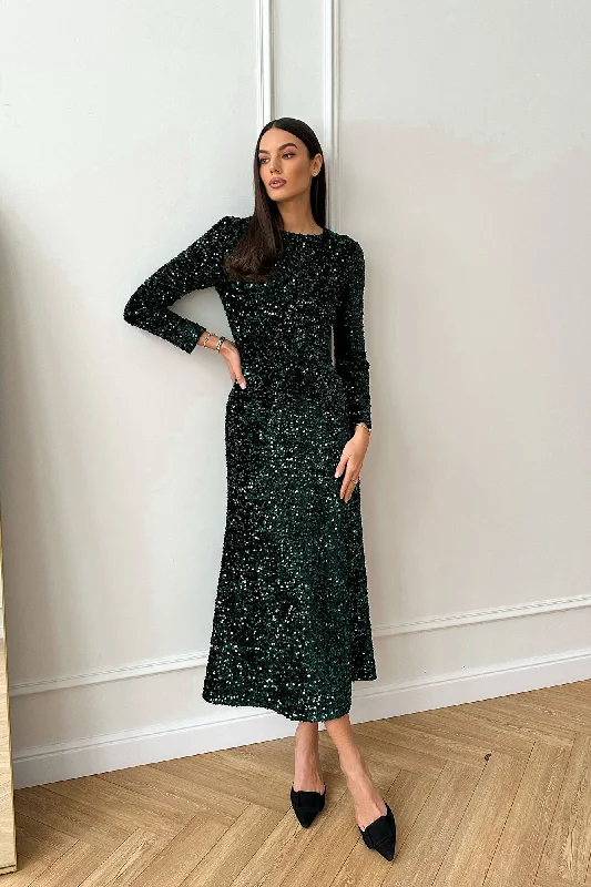 Sequin Decorated Velvet Long Sleeve Midi Dress Trendy Long Sleeve Midi Dress